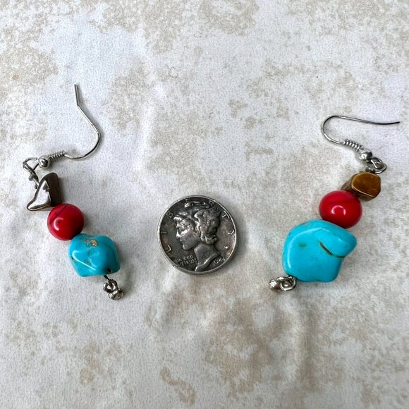Boho Turquoise Jasper Cat’s Eye Dangle Earrings Southwestern Silver tone - Picture 3 of 7